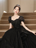 Flytonn-y2k outfits New Graduation High School Dress French High end Black Long Evening Dresses for Women Bubble Sleeve Bridesmaid Wedding Dress