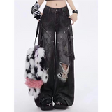 Flytonn-American Vintage High Waist Straight Jeans Women's Casual 2000s Pants Baggy Y2K Wide Leg Grunge Hollow Out Denim Trouser