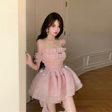 Flytonn-y2k outfits Party Birthday Dress for Women Summer Pink Strapless One Shoulder Sweet Girl High Waist Slimming Fluffy Cake Short Mini Dress