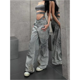 Flytonn-Female High Street Retro High Waist Trashy Jeans Y2K Baggy American 2000s Denim Trouser Women's Washed Vintage Casual Pants