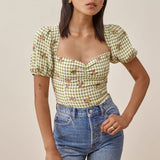 Flytonn-BACK TO SCHOOL OUTFIT Women Blouses 2025 Fashion Plaid And Floral Print Beach Casual Summer Tops Sweetheart Neck Short Puff Sleeve Elegant Blouse Top