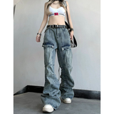 Flytonn-2024 Blue Women Jeans High Waist Vintage Straight Baggy Denim Pants Streetwear Y2K American Style Fashion Wide Leg Denim Trouser