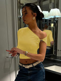 Flytonn Gold Ring Off Shoulder T shirt Female Solid Color Irregular Ruched Top Slim Sexy Navel Expose Tanks Hot Girl Y2K T shirt