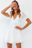 Flytonn-nye outfits Sweet Broderie Anglaise V Neck Mini Babydoll Dress - White-back to school outfits Christmas  Outfits Thanksgiving Gift New Year's Eve