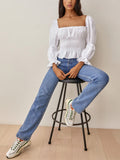 Flytonn-BACK TO SCHOOL OUTFIT Womens Tops And Blouses 2025 Fashion Square Neck Smocked Waist Peplum Elegant White Blouse Linen Blend Puff Long Sleeve Top