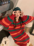 Flytonn-y2k outfits Christmas Colorful Striped Knitted Sweater Dress for Women Autumn/Winter New Lazy Style Round Neck Loose Casual Maxi Dresses