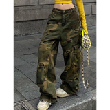 Flytonn-2024 Autumn Women's Casual Retro Camouflage Jeans Vintage Aesthetic Loose Wide Leg Washed Pants Y2K Punk Baggy Denim Trouser