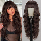 FLYTONN 2024 New Hair Style Long Dark Brown Wig with Bangs Synthetic Wavy Wigs for Women 26 Inches Curly Heat Resistant Fiber Wigs for Daily Party Use