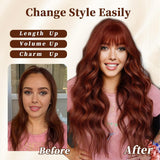 FLYTONN 2024 New Hair Style Long Dark Brown Wig with Bangs Synthetic Wavy Wigs for Women 26 Inches Curly Heat Resistant Fiber Wigs for Daily Party Use