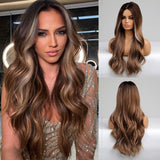 FLYTONN Long Wavy Dark Brown Highlights Ombre Wig Hair for Women Lady Girl Middle Part 26 inches Synthetic Body Wave Natural Looking Wig