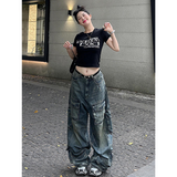 Flytonn-Women's Y2k Blue Cargo Jeans Baggy 2000s Trashy Aesthetic Streetwear Oversize Denim Trousers Harajuku Jean Pants Vintage Clothes