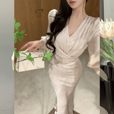 Flytonn-y2k outfits French Elegant Satin V-neck Long Sleeve Fishtail Dress for Women Autumn Temperament High End Waist Slimming Hip Wrap Maxi Dress