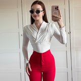 Flytonn Cross-Neck Slim Long Sleeve Crop Top For Women Elegant Ruched Solid T shirt Autumn Fashion Versatile Female Pullovers