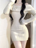 Flytonn-y2k outfits Autumn/Winter Beige Off Shoulder Sweet and Spicy Girl Gentle Style Knitted Dress for Women Long Sleeve Slim Wrap Hip Short Dress