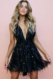 Flytonn-nye outfits Sparkly Deep V High Waist Backless Sequin Party Romper Mini Dress - Black