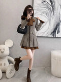 Flytonn-y2k outfits Bow Long Sleeve Dress Women Autumn and Winter New French Style Light Luxury Splicing Fake Two Piece Slimming Pleated Mini Dress