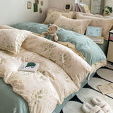 Flytonn-2025 Spring Bedding Set Cream Floral Bedding Set No Filler Breathable Green Ins Double Queen Size Comforter Duvet Cover Flat Sheet Pillowcase Bed Linens