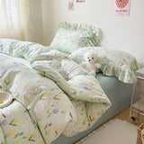 Flytonn-2025 Spring Bedding Set Cute Floral Duvet Cover Set Ins Korean Style with Flat Sheet Pillowcase No filler Washed Cotton Queen Double Home Bed Linens