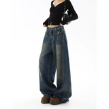 Flytonn-Blue Jeans Women 90s Vintage Personality High Waisted Straight Trouser Streetwear Casual Loose Girl Wide Leg Classic Denim Pants