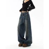 Flytonn-2024 Blue High Waist Women Jeans Feeling Vintage Straight Casual Baggy Streetwear Y2K Wide Leg Jeans Female Trouser Denim Pants