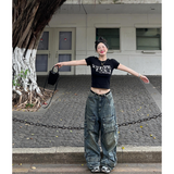 Flytonn-Women's Y2k Blue Cargo Jeans Baggy 2000s Trashy Aesthetic Streetwear Oversize Denim Trousers Harajuku Jean Pants Vintage Clothes