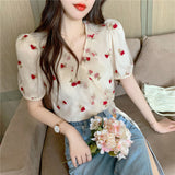 Flytonn-back to school outfits Puff Sleeve Rose Pattern Office Blouse Shirt-spring outfits