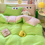 Flytonn-2025 Spring Bedding Set Cute Korean Style Duvet Cover Set No Filler Green Pink Mix Color Flat Sheet Pillowcases Polyester Twin Queen Size Bed Linens