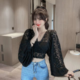 Spring Outfits Back To School Outfits Sexy Lace Hollow Out Blouse Women Summer V-Neck Puff Sleeve Backless Tops Casual Korean Slim Lace Up Solid White Crop Tops