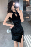 Flytonn-Sweet Hot Girl Sequin Black Qipao Dress for Women's Spring and Summer Sexy Off Shoulder Sleeveless Slim Fit Fashion Short Dress