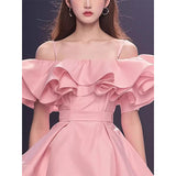 Flytonn-y2k outfits French Sexy Sweet Off Shoulder Pink Dress Summer New Chic One Shoulder Waist Slimming A-line Puffly Short Dresses for Women