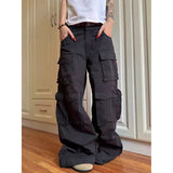 Flytonn-American Black Heavy Industry Multi-Pocket Cargo Pants Women Y2K Streetwear Hip Hop Loose Washed High Waist Straight Jeans