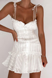 Flytonn-nye outfits Swing Ruffled Neck Button Up Tie Shoulder Summer Striped Mini Sundress - Off White