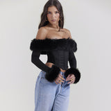 Flytonn Long Sleeve Corset Top Faux Fur Collar Bodycon Cropped Top Sexy Black Elegant Off The Shoulder Blouse Women's Clothing-nye outfits