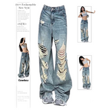 Flytonn-High Waist Ripped Women's Blue Jeans Hip-hop Style Fashion Vintage Streetwear Y2K Wide Leg Jean 2000s Trouser Baggy Denim Pants