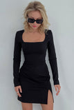 Flytonn-nye outfits French Style Square Neck Long Sleeve Split Bodycon Party Mini Dress - Black