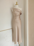 Flytonn-Valentines Gift party dress Sexy Sheath Boat Sleeveless Champagne Satin Party Dress Holiday Dresses Fly349