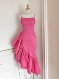 Flytonn-Valentines Gift party dress Sexy Sheath Spaghetti Straps Hot Pink Satin Dinner Party Dresses Birthday Outfits Fly394