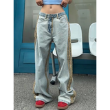 Flytonn-American Retro High Waist Oversized Jeans Women Casual Baggy Pocket Y2K Ripped Pants Wide Leg Grunge Street Solid Denim Trouser