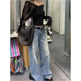 Flytonn-Streetwear Retro Fashion Autumn Women High Waist  Blue Stamp Loose Wide Leg Straight Loose Denim Trousers Y2K Stamp Baggy Pants