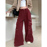 Flytonn-Red Jeans Women American Y2K Vintage High Waisted Jean Straight Streetwear Casual Loose Wide Leg Denim Pants Denim Trouser