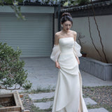 Flytonn-y2k outfits New Chinese Morning Robe Bridal Wedding and Toast White Dress One Shoulder High end Luxury French Strapless Long Dress for Women