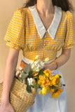 Flytonn-back to school outfits Yellow Plaid Puff Sleeve Retro Shirt-spring outfits