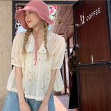 Spring Outfits Back To School Outfits Flytonn Sweet Shirts Women Kawaii Cute Print V Neck Puff Short Sleeve Blouse Student Korean Fashion Embroidery Loose Casual Top