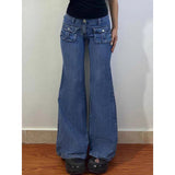 Flytonn-Y2K Flare Low Rise Jeans Pants For Woman Cargo Baggy Trousers Aesthetic Streetwear Pockets Hippie Denim Bell Bottom CasualOutfit