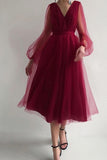 Flytonn- V Neck Tulle Long Sleeve Midi Dress