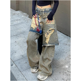 Flytonn-Blue Jeans Women American Y2K Vintage High Waisted Jean Straight Streetwear Casual Loose Wide Leg Denim Pants Ripped Trouser