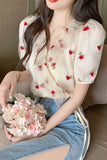 Flytonn-back to school outfits Puff Sleeve Rose Pattern Office Blouse Shirt-spring outfits