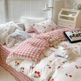 Flytonn-2025 Spring Bedding Set Kawaii Cherry Duvet Cover Set Pillowcase Flat Sheet Floral Boys Girls Twin Full Size Soft Bedding Kit Korean Ins Style Home Use