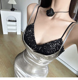 Flytonn-y2k outfits Spicy Girl Style Silver Slip Dress Sexy Split Slimming Long Dresses for Women with Sequin Decoration Versatile Strap Tank Top