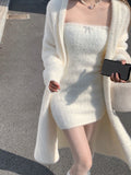 Flytonn-y2k outfits Sexy Two Piece Set Women Outfits Winter Sweet Plush Fleece Slim Wrap Hip Strapless Dress+Mink Fleece Cardigan Coat for Women